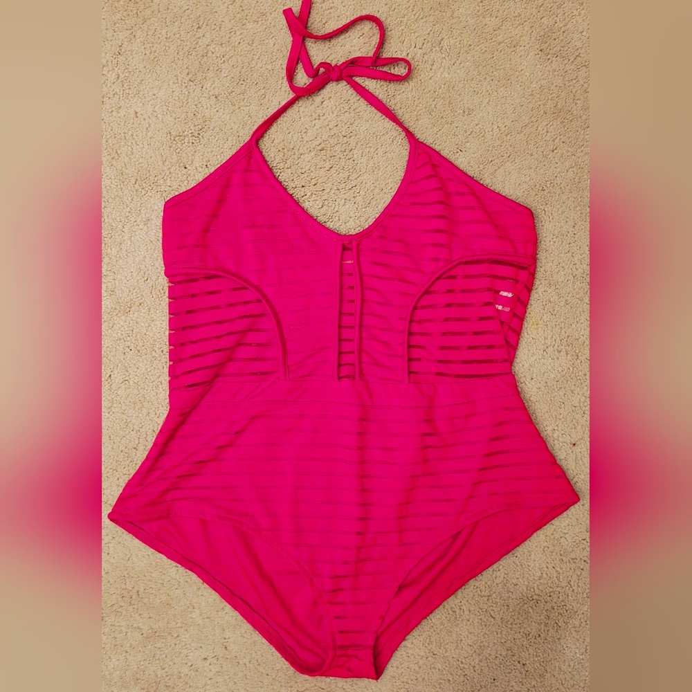 Vicabo Plus Size Red Halter Swimsuit w Stripes & Sheer Mesh Detail.